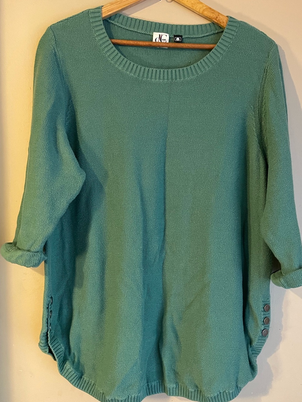 JG Jeans Green 100% Cotton Side Button Hem Knit Crewneck Tunic Sweater XL
